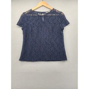 Jack Wills Navy Blue Floral Lace Top Short Sleeve Blouse Size US 6 Boho Navy
